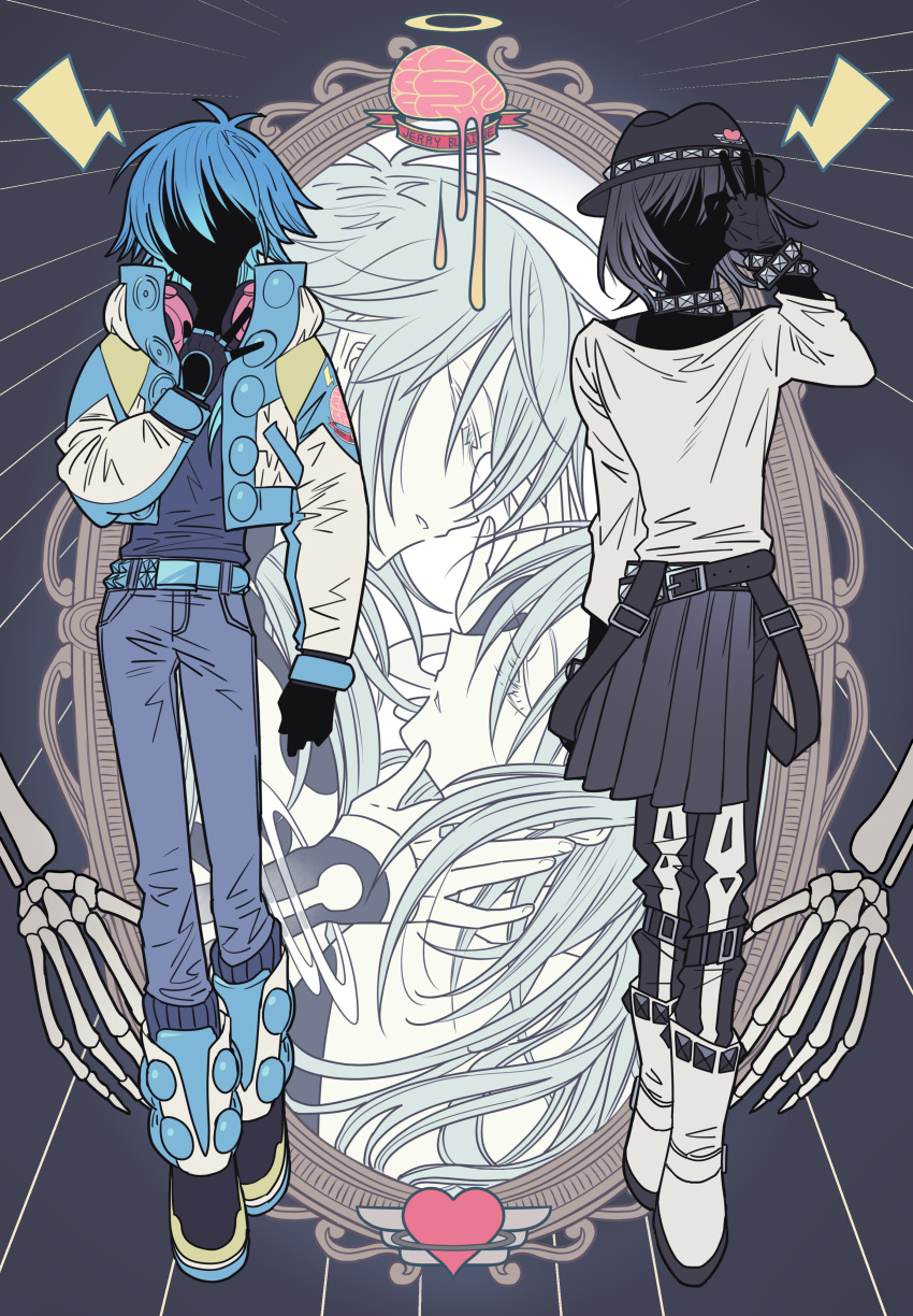 2boys absurdres belt black_hair blue_hair blue_pants boots brain commentary crossdressing dramatical_murder english_commentary face-to-face faceless faceless_male full_body gloves halo hand_on_another's_face headphones headphones_around_neck highres jacket long_hair long_sleeves looking_at_another male_focus melting meremero mirror multiple_boys multiple_views pants pleated_skirt sei_(dramatical_murder) seragaki_aoba shirt skeletal_arm skirt standing white_shirt
