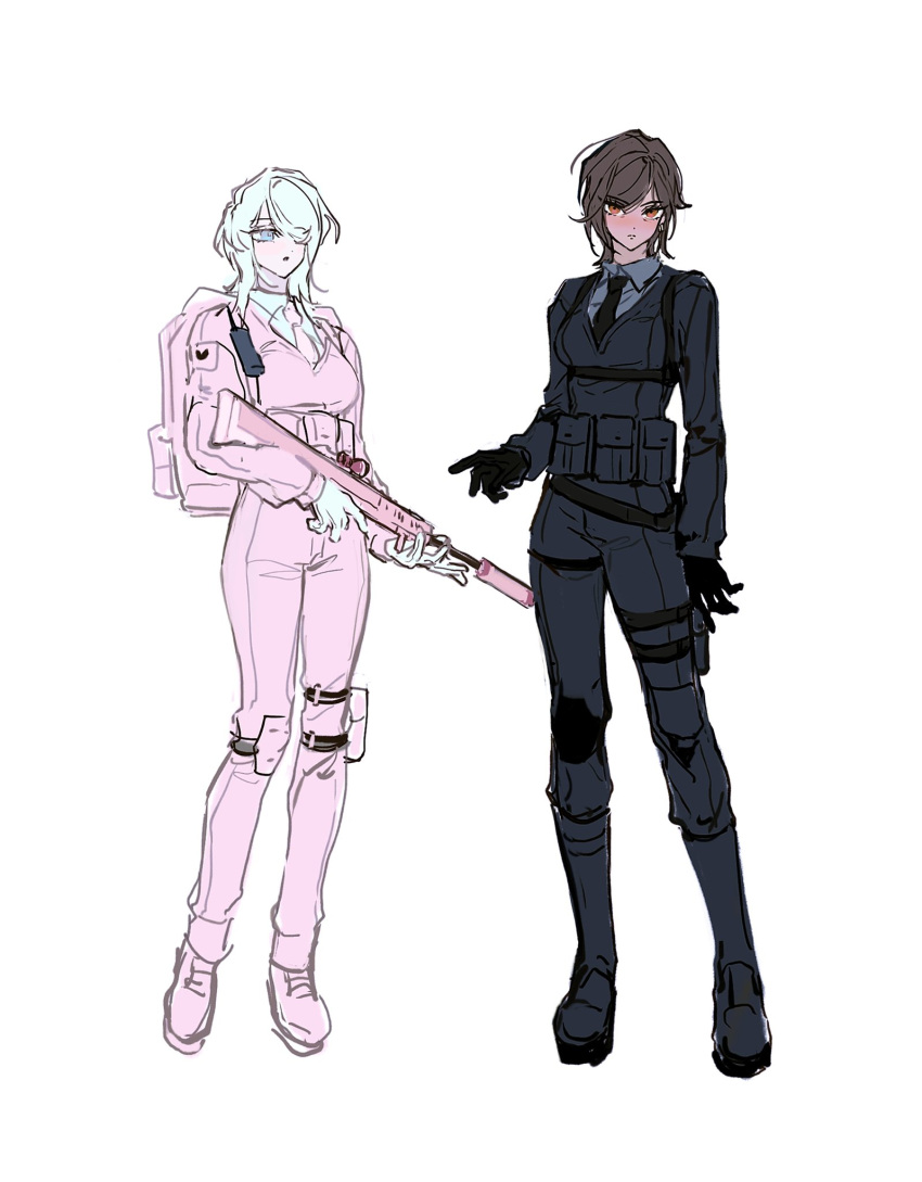 2girls black_footwear black_gloves boots brown_eyes brown_hair collared_shirt e.g.o_(project_moon) faust_(project_moon) full_body gloves gun highres holding holding_gun holding_weapon huyj_cl jacket limbus_company lobotomy_corporation looking_at_viewer multiple_girls necktie outis_(project_moon) pink_footwear pink_jacket pink_necktie project_moon rifle shirt shoes short_hair weapon white_hair white_shirt