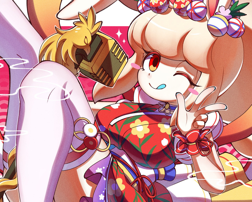 1girl :p animal_ears blush_stickers breasts high_ponytail highres japanese_clothes kimono large_breasts long_hair looking_at_viewer one_eye_closed orange_eyes pipiko. rabbit_ears smile snowrabby solo thigh-highs tongue tongue_out youkai_(youkai_watch) youkai_watch