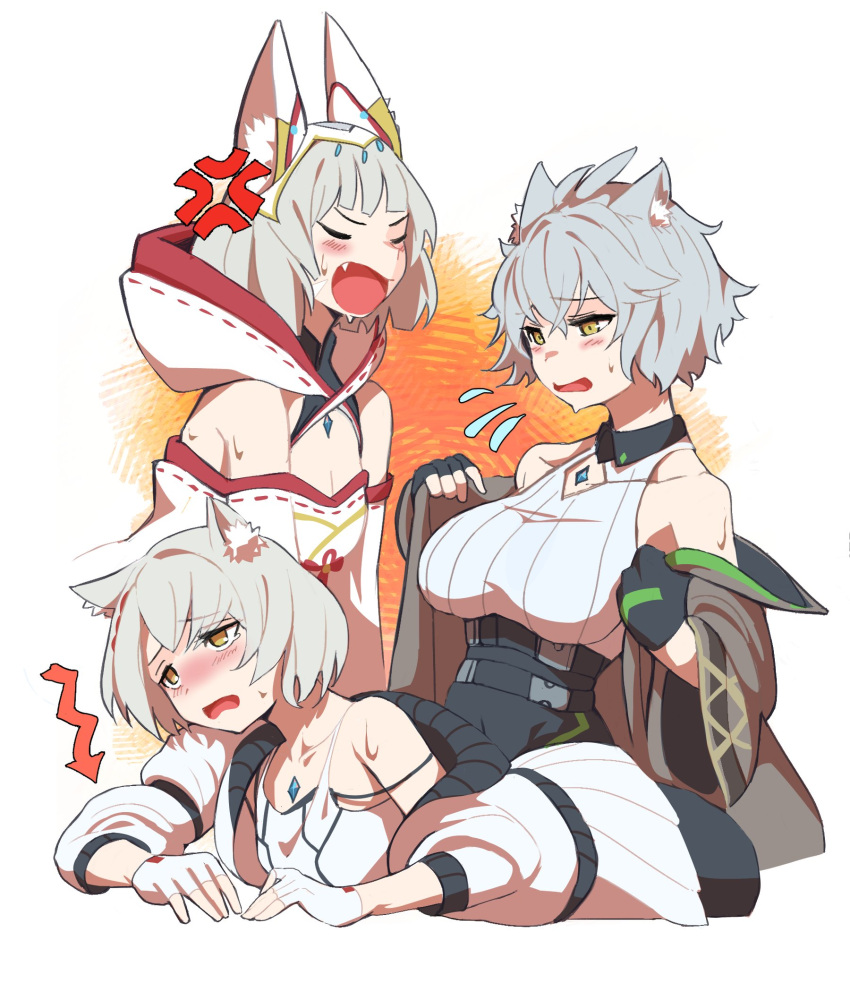 3girls anger_vein angry animal_ear_fluff animal_ears bare_shoulders black_gloves black_pantyhose blush breasts camisole cat_ears cat_girl closed_eyes coat collarbone core_crystal_(xenoblade) dress embarrassed facial_mark fang flying_sweatdrops gloves grey_hair hair_ornament highres hooded_dress jacket large_breasts lying medaman medium_breasts mio_(xenoblade) mother_and_daughter multiple_girls na'el_(xenoblade) nia_(xenoblade) off_shoulder official_alternate_costume open_mouth pantyhose pleated_skirt shirt short_hair simple_background skirt sleeveless sleeveless_shirt sweatdrop upper_body white_camisole white_dress white_gloves white_jacket white_shirt white_skirt xenoblade_chronicles_(series) xenoblade_chronicles_3 xenoblade_chronicles_3:_future_redeemed yellow_eyes