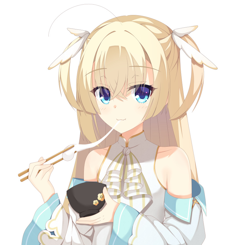 1girl :3 absurdres ahoge ascot bare_shoulders blonde_hair blue_eyes blunt_ends blush bowl chopsticks closed_mouth commentary_request crossed_bangs detached_sleeves eating eyelashes eyes_visible_through_hair floral_print food hair_between_eyes highres holding holding_bowl holding_chopsticks kaon_zz long_hair long_sleeves looking_at_viewer mochi mochi_trail shirayuki_noa shirt sidelocks simple_background sleeveless sleeveless_shirt smile solo straight_hair tenshi_souzou_re-boot! two_side_up upper_body white_ascot white_background white_shirt white_sleeves wide_sleeves wing_hair_ornament