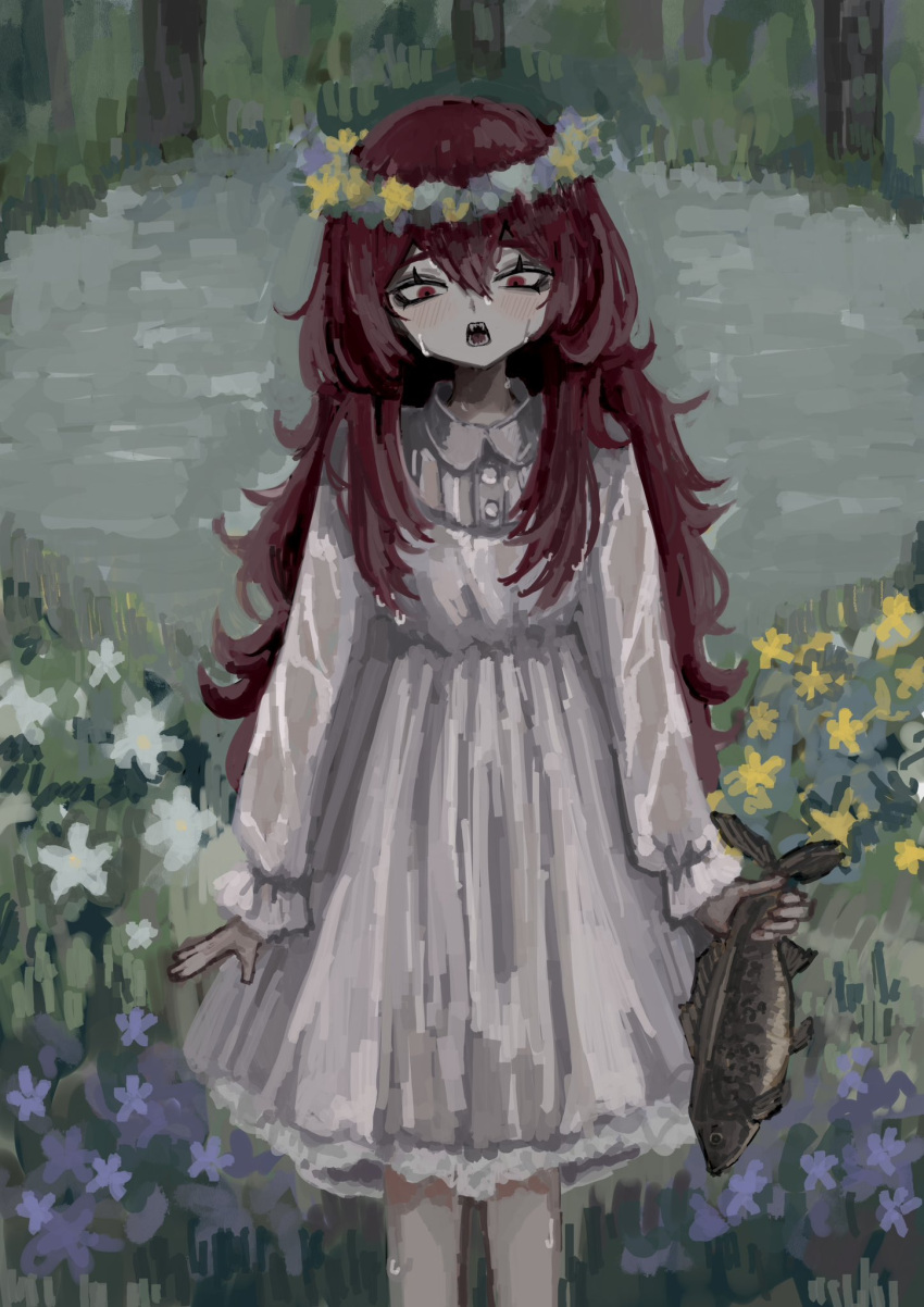 1girl animal arms_at_sides buttons collared_dress dress feet_out_of_frame fish flower flower_wreath hair_between_eyes head_wreath highres holding holding_animal holding_fish long_hair long_sleeves looking_at_viewer nature open_mouth original outdoors purple_flower red_eyes redhead sharp_teeth shiona_(siona0625) solo standing straight-on teeth wet wet_clothes wet_hair white_dress white_flower yellow_flower
