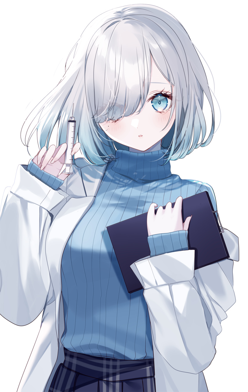 1girl absurdres black_skirt blue_eyes blue_hair blue_sweater blush clipboard copyright_request gradient_hair grey_hair hair_over_one_eye hand_up highres holding holding_syringe lab_coat long_sleeves looking_at_viewer misumi_(macaroni) mole mole_under_eye multicolored_hair off_shoulder open_clothes parted_lips plaid plaid_skirt pleated_skirt puffy_long_sleeves puffy_sleeves ribbed_sweater simple_background skirt sleeves_past_wrists solo sweater syringe turtleneck turtleneck_sweater virtual_youtuber white_background