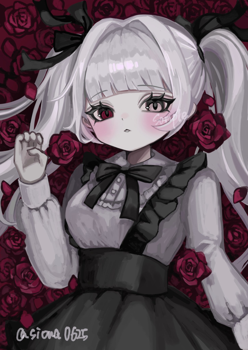1girl bed_of_roses black_ribbon black_skirt blunt_bangs blush breasts commission flower hair_intakes hair_ribbon hand_up heterochromia highres long_hair long_sleeves looking_at_viewer lying medium_breasts neck_ribbon on_back original parted_lips pink_eyes red_eyes red_flower red_rose ribbon rose sample_watermark shiona_(siona0625) shirt skirt solo suspender_skirt suspenders twintails twitter_username upper_body watermark white_hair white_shirt