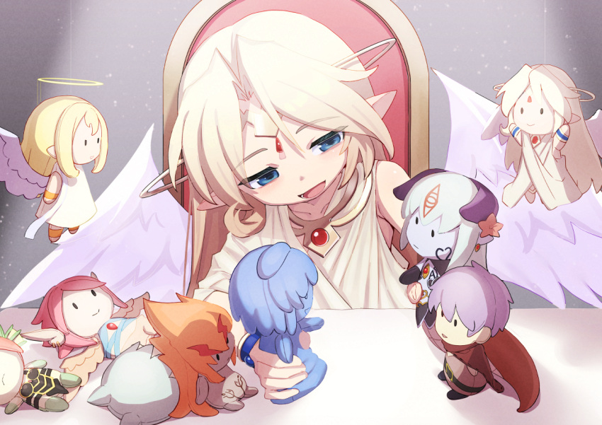 1girl alipheese_fateburn_xvi angel_wings blonde_hair blue_eyes character_doll character_request commentary_request commission feathered_wings halo ilias light_particles lolicom long_hair luka_(mon-musu_quest!) mon-musu_quest! open_mouth pointy_ears short_hair skeb_commission smile solo sonya_(mon-musu_quest!) white_wings wings