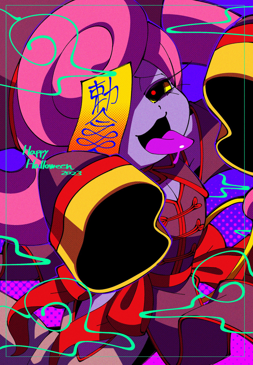 1boy black_eyes colored_sclera colored_skin english_text halloween happy_halloween highres jiangshi long_hair looking_at_viewer male_focus motemacool ofuda pink_hair pipiko. purple_skin red_pupils sleeves_past_fingers sleeves_past_wrists solo tongue tongue_out yellow_sclera youkai_(youkai_watch) youkai_watch