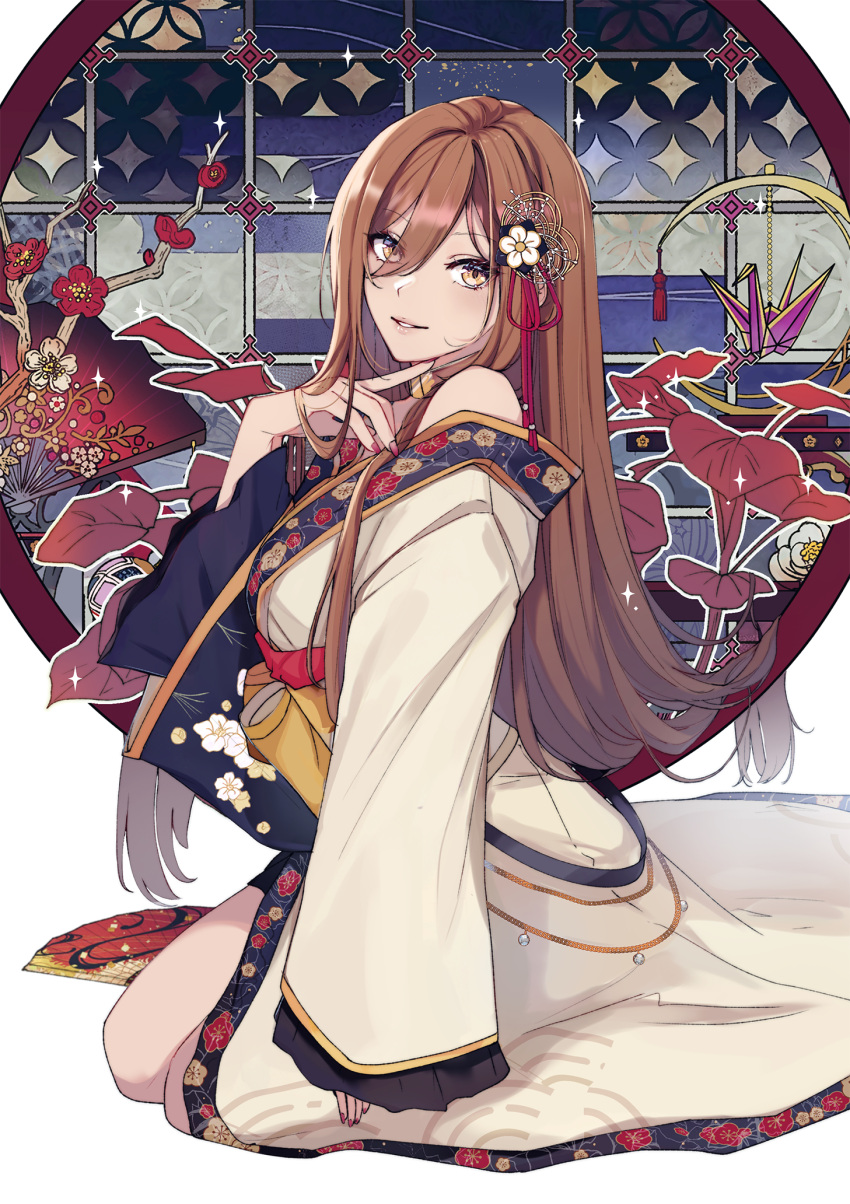 1girl brown_eyes brown_hair brown_kimono cherry_blossom_print crescent_moon finger_to_own_chin floral_print flower hair_between_eyes hair_flower hair_ornament highres index_finger_raised japanese_clothes kawaranu_atatakasa_no_tonari_de_(project_sekai) kimono long_hair looking_at_viewer meiko_(vocaloid) moon muntins off_shoulder official_alternate_costume official_alternate_hair_length official_alternate_hairstyle origami paper_crane parted_lips project_sekai red_nails round_window seiza sitting smile solo stained_glass vocaloid white_background white_flower window yen-mi
