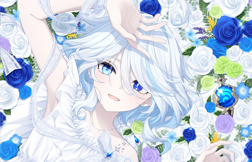 1girl :d ahoge alternate_costume arm_up armpits blue_eyes blue_flower blue_rose collarbone colored_inner_hair commentary_request dress drop-shaped_pupils field flower flower_field frilled_dress frills furina_(genshin_impact) genshin_impact hair_between_eyes heterochromia highres jewelry looking_at_viewer lying medium_hair mismatched_pupils multicolored_hair necklace neneko_sleep on_back pendant rose short_sleeves sidelocks smile solo streaked_hair symbol-shaped_pupils two-tone_hair vision_(genshin_impact) wavy_hair white_dress white_flower white_hair white_rose