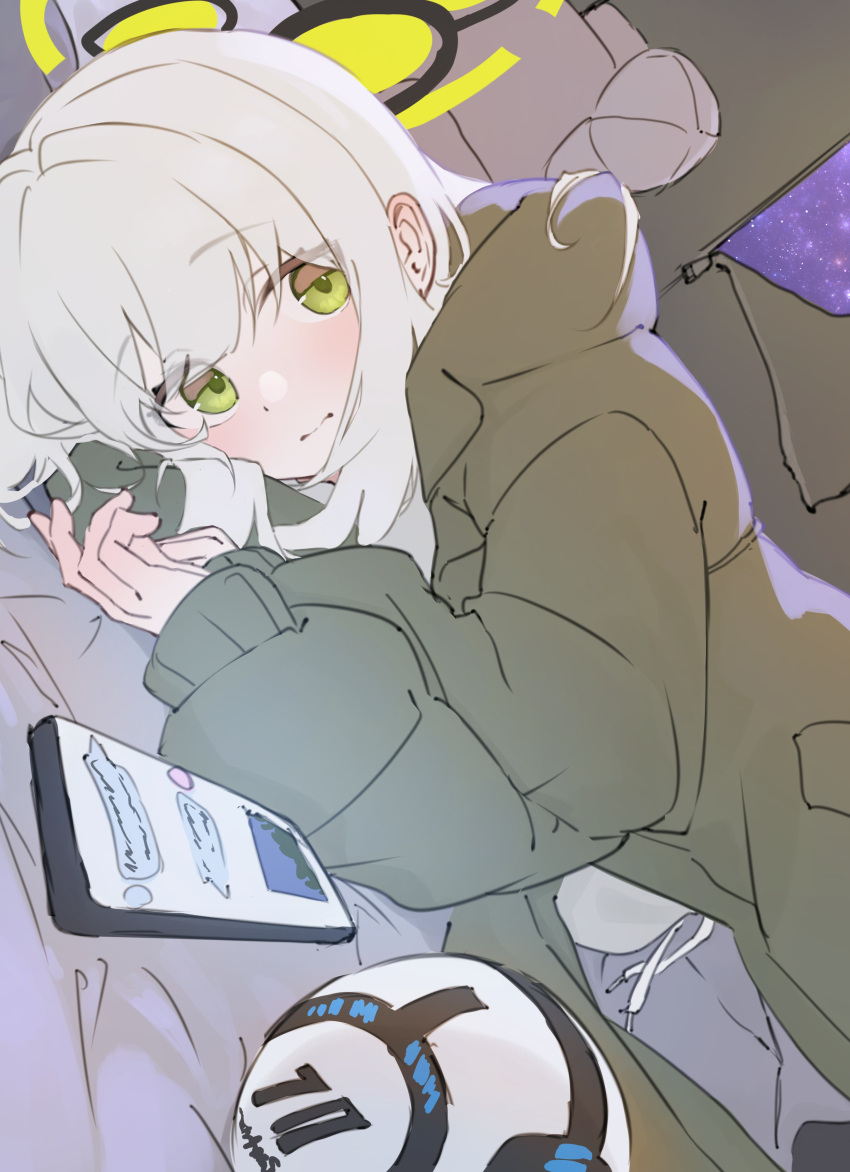 1girl absurdres blue_archive camping cellphone dutch_angle green_eyes green_halo green_jacket halo hare_(blue_archive) hare_(camp)_(blue_archive) heimu_(heim_kstr) highres jacket looking_at_viewer lying night night_sky on_side phone sky smartphone solo star_(sky) tent white_hair