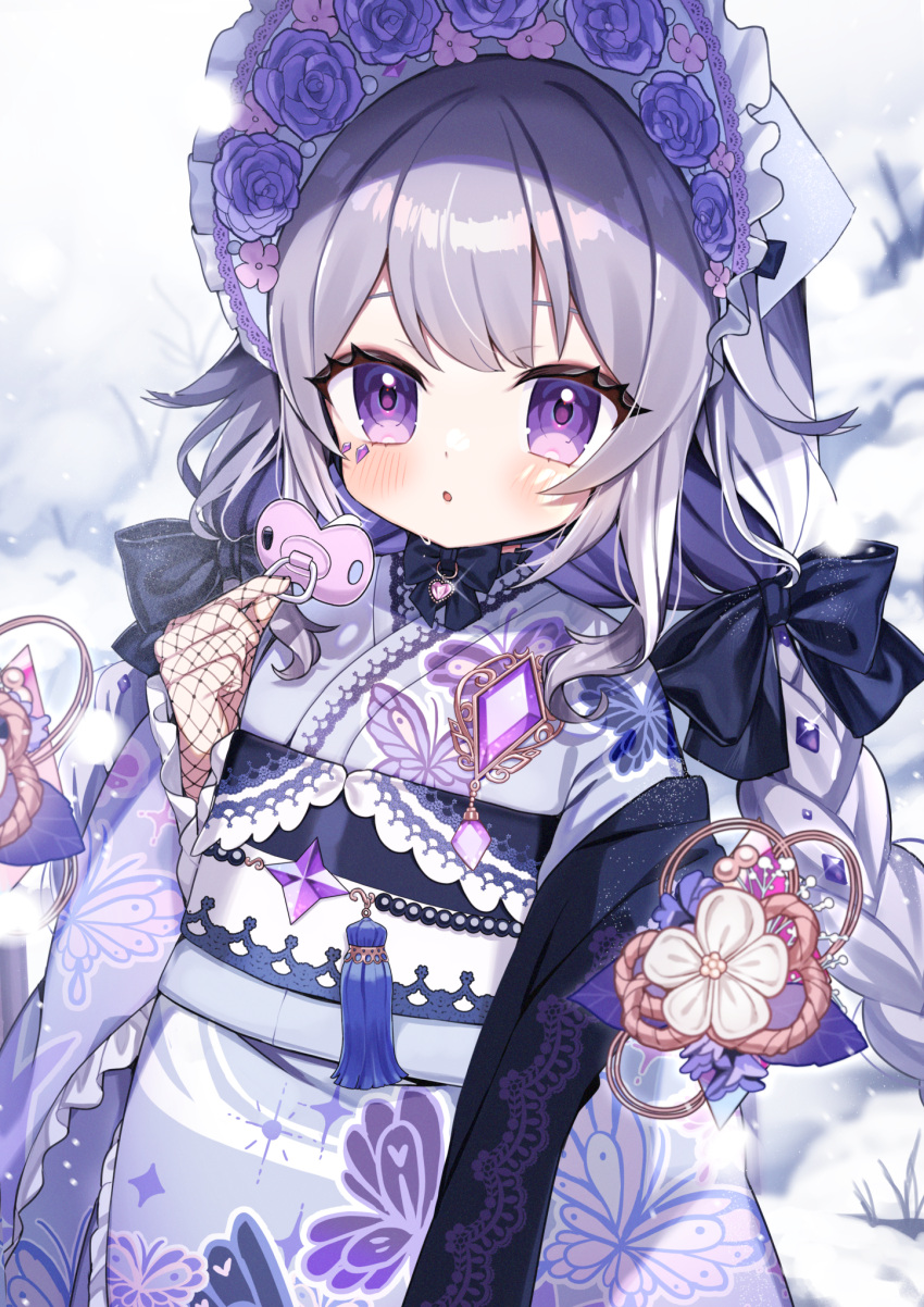 1girl animal_print blush bonnet butterfly_print gloves grey_hair hair_flaps highres holding_pacifier hololive hololive_english japanese_clothes jewel_under_eye kimono koseki_bijou koseki_bijou_(new_year) lace-trimmed_gloves lace_trim long_hair looking_at_viewer noi_mine official_alternate_costume open_mouth pacifier purple_headwear solo violet_eyes virtual_youtuber white_kimono