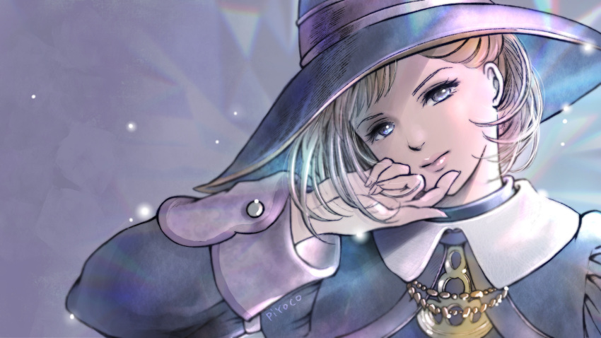 1girl adventurer_(ff11) artist_name black_headwear black_mage blue_eyes brown_hair closed_mouth final_fantasy final_fantasy_xi fingernails hat head_tilt highres hume light_particles long_sleeves pink_lips piyoco short_hair sleeve_cuffs solo upper_body witch_hat