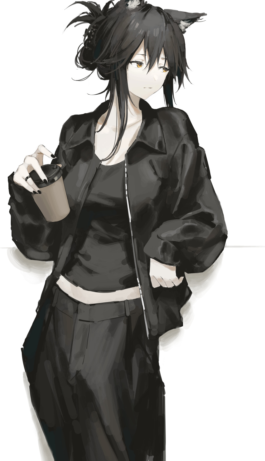 1girl absurdres alternate_costume animal_ear_fluff animal_ears arknights arm_support baggy_pants black_hair black_jacket black_nails black_pants black_shirt casual closed_mouth coffee coffee_cup collarbone collared_jacket commentary cup disposable_cup drink expressionless eyelashes facing_viewer feet_out_of_frame fingernails full-length_zipper hair_between_eyes hair_bun hand_up highres holding holding_cup holding_drink index_finger_raised invisible_object jacket jewelry kyoko_(zeprii4) leaning leaning_on_object long_hair long_sleeves looking_afar looking_to_the_side midriff_peek nail_polish open_clothes open_jacket pants puffy_long_sleeves puffy_sleeves ring shadow shirt sidelocks simple_background single_hair_bun solo standing swept_bangs texas_(arknights) white_background wing_collar wolf_ears wolf_girl yellow_eyes zipper