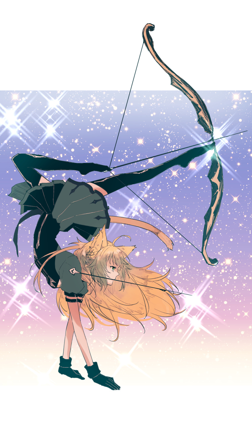 1girl absurdres animal_ears archery arrow_(projectile) atalanta_(fate) black_gloves black_thighhighs blonde_hair bow_(weapon) commentary_request dress fate/grand_order fate_(series) from_side full_body gloves gradient_hair green_dress green_hair handstand highres holding holding_bow_(weapon) holding_weapon holding_weapon_with_feet holding_with_feet itokon300 mouth_hold multicolored_hair short_sleeves solo tail thigh-highs weapon