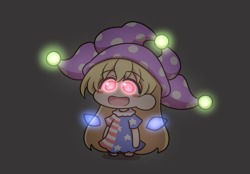 1girl american_flag_dress american_flag_legwear blonde_hair blush_stickers clownpiece commentary_request fairy_wings glowing glowing_eyes hat highres jester_cap long_hair neck_ruff open_mouth polka_dot_headwear purple_headwear red_eyes shitacemayo smile solo touhou wings
