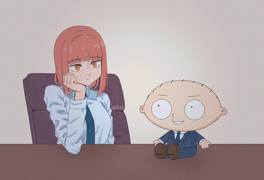1boy 1girl blue_necktie blue_pants blue_suit business_suit chainsaw_man chair collared_shirt desk family_guy formal hand_on_own_chin highres indoors jacket makima_(chainsaw_man) necktie on_desk orange_eyes pants redhead ringed_eyes rkgkrabu shirt sitting sitting_on_desk stewie_griffin suit suit_jacket white_shirt