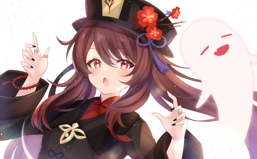 1girl :d bead_bracelet beads black_nails boo_tao_(genshin_impact) bracelet brown_hair chage_(chage_00) chinese_clothes commentary_request flower-shaped_pupils genshin_impact ghost ghost_pose hair_between_eyes hat highres hu_tao_(genshin_impact) jewelry long_hair long_sleeves looking_at_viewer nail_polish porkpie_hat red_eyes ring sidelocks simple_background smile symbol-shaped_pupils twintails white_background wide_sleeves