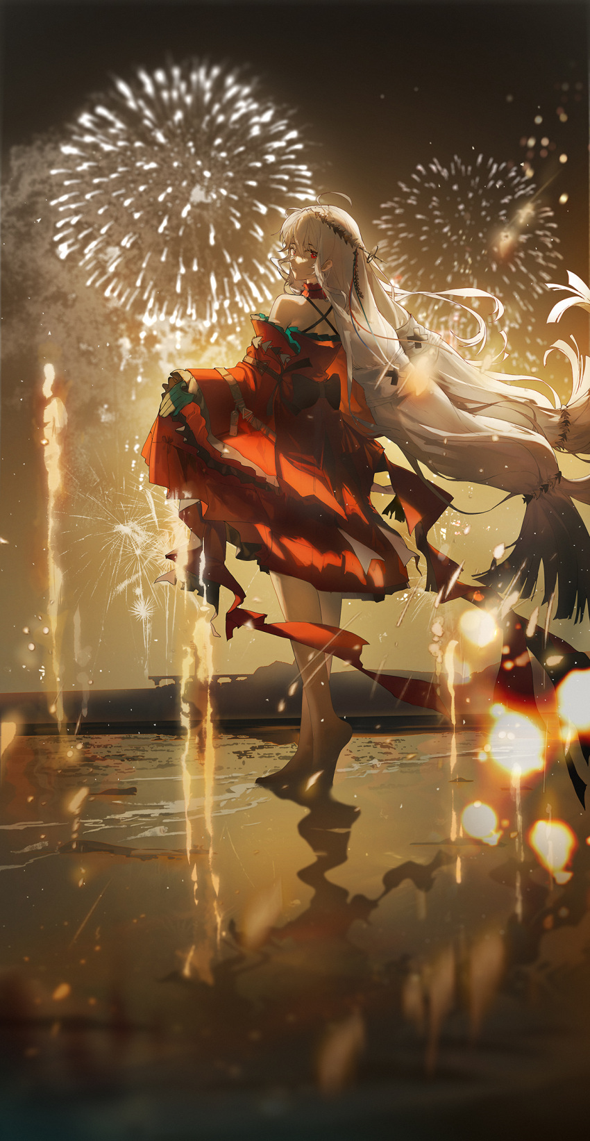 1girl aerial_fireworks ahoge arknights arm_strap back_bow bare_legs bare_shoulders barefoot beach black_bow black_sky bloom blurry blurry_background blurry_foreground boots bow bright_pupils chinese_commentary clear_sky collar commentary_request criss-cross_back-straps depth_of_field detached_sleeves dress dress_bow expressionless eyelashes fireworks fish_hair_ornament floating_hair frilled_collar frilled_sleeves frills from_side full_body gloves green_gloves grey_hair hair_between_eyes hair_ornament hand_up heel_up highres horizon light_particles long_hair long_sleeves looking_at_viewer looking_to_the_side low_twintails night ocean official_alternate_costume outdoors parted_lips partial_commentary profile red_collar red_dress red_eyes red_sleeves reflection reflective_water shade sidelocks skadi_(arknights) skadi_the_corrupting_heart_(arknights) skirt_hold sky sleeveless sleeveless_dress smoke solo teeth torn_clothes torn_dress twintails very_long_hair water white_pupils wide_sleeves x_hair_ornament yuuki_mix