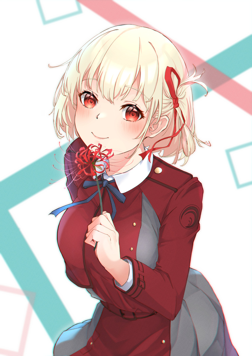 1girl absurdres alian2020 blonde_hair blue_ribbon blush breasts chromatic_aberration closed_mouth collared_shirt commentary dress film_grain flower grey_dress hair_ribbon highres holding holding_flower large_breasts long_sleeves looking_at_viewer lycoris_recoil lycoris_uniform neck_ribbon nishikigi_chisato one_side_up pleated_dress red_dress red_eyes red_flower red_ribbon ribbon shirt short_hair solo spider_lily white_shirt