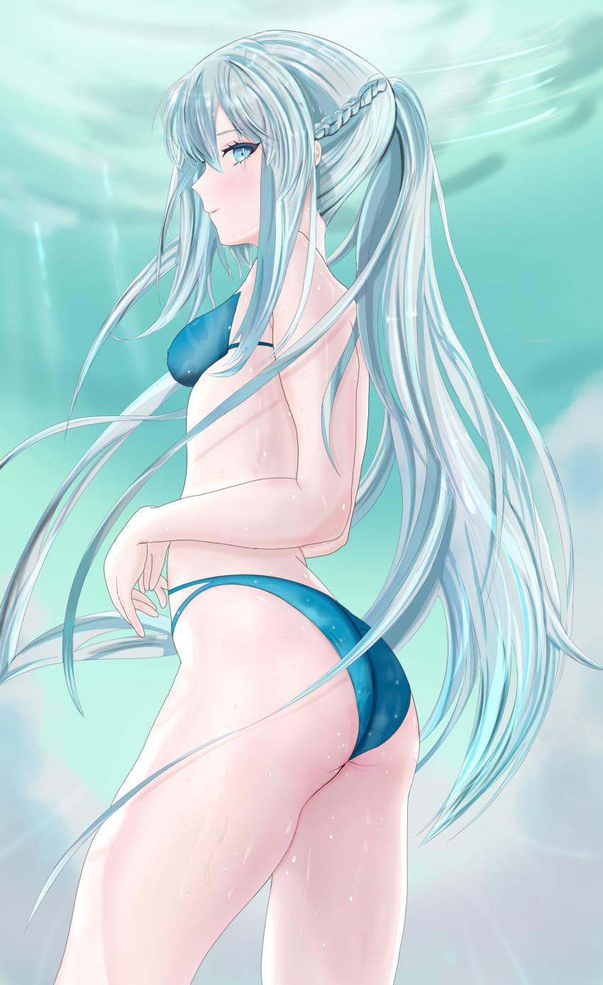 1girl absurdres ass bare_shoulders bikini blue_bikini blue_eyes blush braid breasts closed_mouth fate/grand_order fate_(series) french_braid from_behind grey_hair highres large_breasts long_hair looking_at_viewer looking_back morgan_le_fay_(fate) nipples ponytail sidelocks smile solo swimsuit thigh-highs thighs very_long_hair wet wet_clothes wet_swimsuit