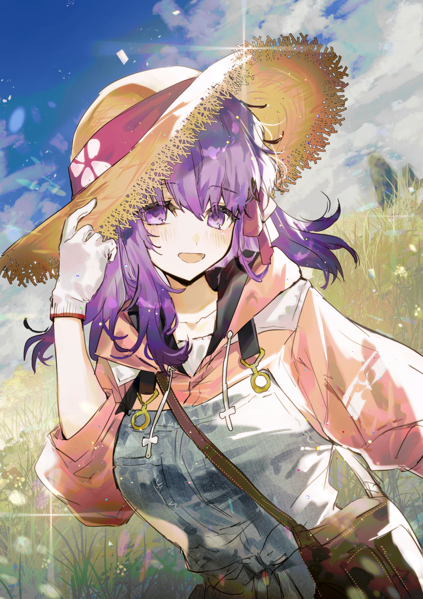 1girl absurdres bag blue_overalls blue_sky brown_bag clouds commentary day fate/grand_order fate_(series) gloves hair_between_eyes hair_ribbon hat highres hood hood_down hoodie looking_at_viewer matou_sakura open_mouth outdoors overalls pink_hoodie purple_hair red_ribbon ribbon sky sleeves_rolled_up smile solo straw_hat sun_hat sunlight violet_eyes white_gloves yakksan