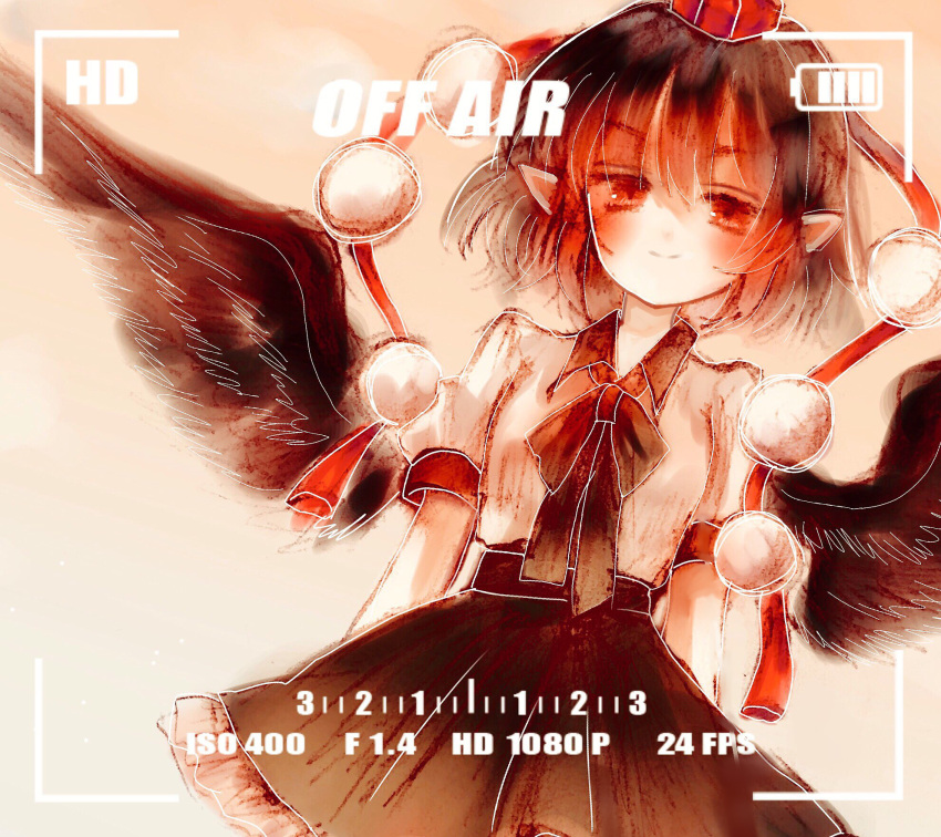 1girl battery_indicator black_hair bow collared_shirt commentary_request cowboy_shot dutch_angle feathered_wings hair_ornament hat hell0120 highres light_smile looking_at_viewer medium_skirt pointy_ears pom_pom_(clothes) pom_pom_hair_ornament red_eyes red_headwear shameimaru_aya shirt short_hair short_sleeves skirt tokin_hat touhou viewfinder white_shirt wings