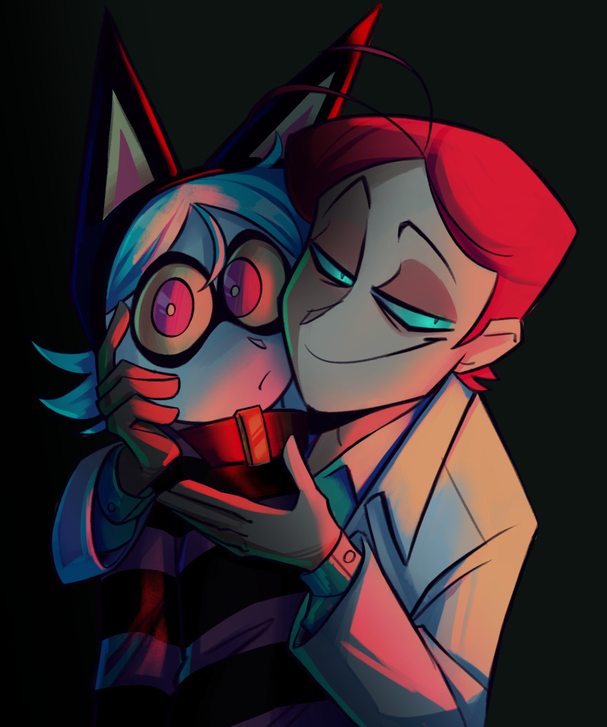 ._. 1boy 1girl absurdres alinics animal_collar animal_ears blue_hair blue_sclera cat_ears collar colored_sclera dark fake_animal_ears hand_on_another's_face highres lab_coat looking_at_viewer masacrik mimi_(psychocuties) psychocuties red_eyes redhead short_hair simple_background smile striped striped_sweater sweater upper_body yellow_sclera