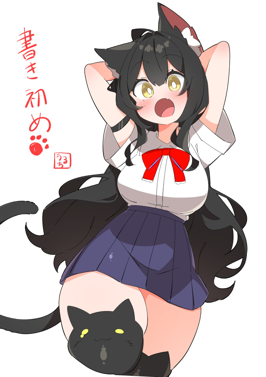 1girl :o absurdres animal_ears animal_print arm_garter armband arms_behind_head black_armband black_hair bow breasts bright_pupils cat_ears cat_girl cat_print cat_tail cropped_legs fang highres large_breasts long_hair no_nose open_mouth original paw_print red_bow school_uniform solo tail thick_thighs thigh-highs thighs uruti_2388 very_long_hair white_background white_pupils yellow_eyes zettai_ryouiki