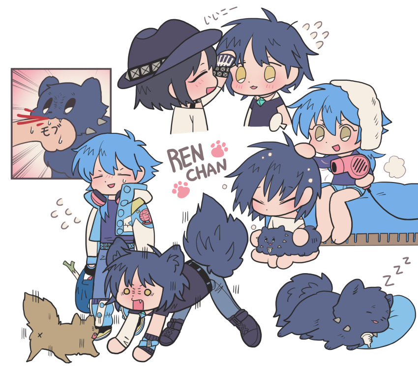 3boys all_fours animal_ears bed biting biting_another's_hand black_hair blood blue_hair blush character_name chibi closed_eyes dog dog_boy dog_ears dog_tail dramatical_murder drying drying_hair fang flying_sweatdrops full_body hair_between_eyes hair_dryer hat headpat headphones headphones_around_neck highres holding holding_hair_dryer jacket long_hair long_sleeves male_focus meremero multiple_boys multiple_views open_mouth personification pillow ren_(dramatical_murder) roaring sei_(dramatical_murder) seragaki_aoba shirt short_hair simple_background sitting sleeping smile tail towel towel_on_head white_background yellow_eyes zzz