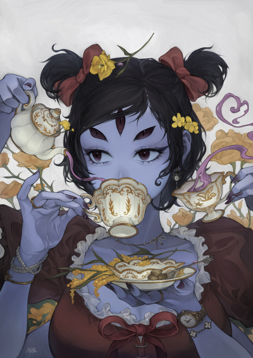 1girl arthropod_girl black_hair black_nails blue_skin colored_skin cup dress earrings extra_arms extra_eyes flower highres jewelry muffet plate portrait red_dress ring sauna_posa short_hair short_twintails solo spider_girl teacup teapot twintails undertale watch watch yellow_flower