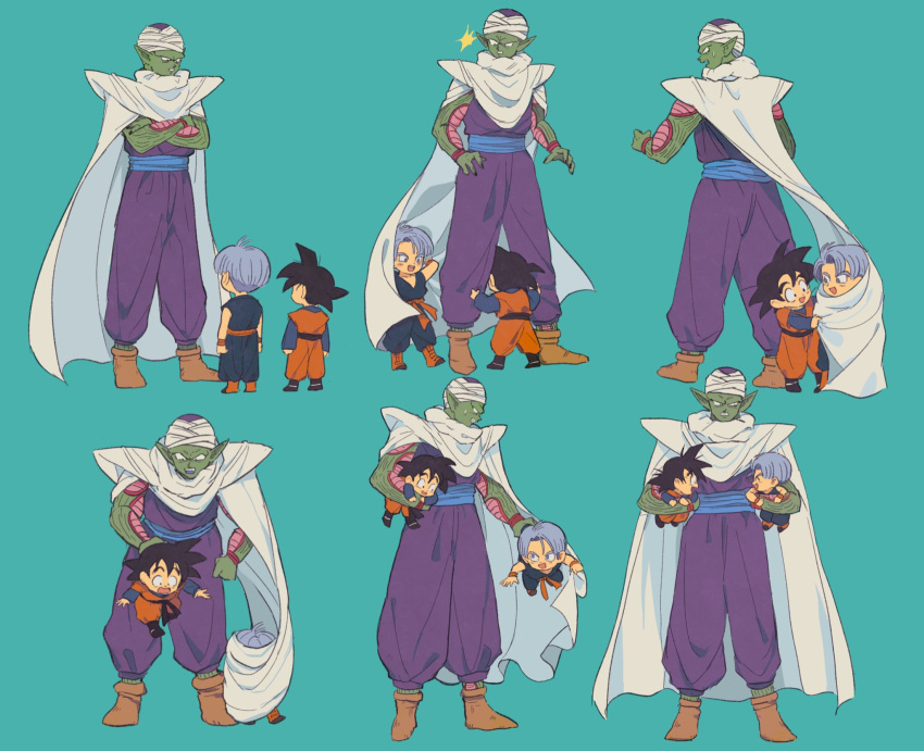 3boys :d ^_^ angry aqua_background arms_at_sides black_hair black_nails black_sash blue_hair blue_pants blue_sash blue_shirt boots brown_footwear cape capelet carrying child clenched_teeth closed_eyes colored_skin commentary_request crossed_arms dougi dragon_ball dragon_ball_z fingernails green_skin highres j_ooey long_sleeves looking_at_another looking_back male_focus multiple_boys namekian no_eyebrows open_mouth orange_pants pants parted_bangs piccolo pointy_ears purple_pants red_wristband sash shirt short_hair shoulder_pads simple_background smile son_goten spiky_hair standing sweatdrop teeth trunks_(dragon_ball) turban v-shaped_eyebrows white_capelet