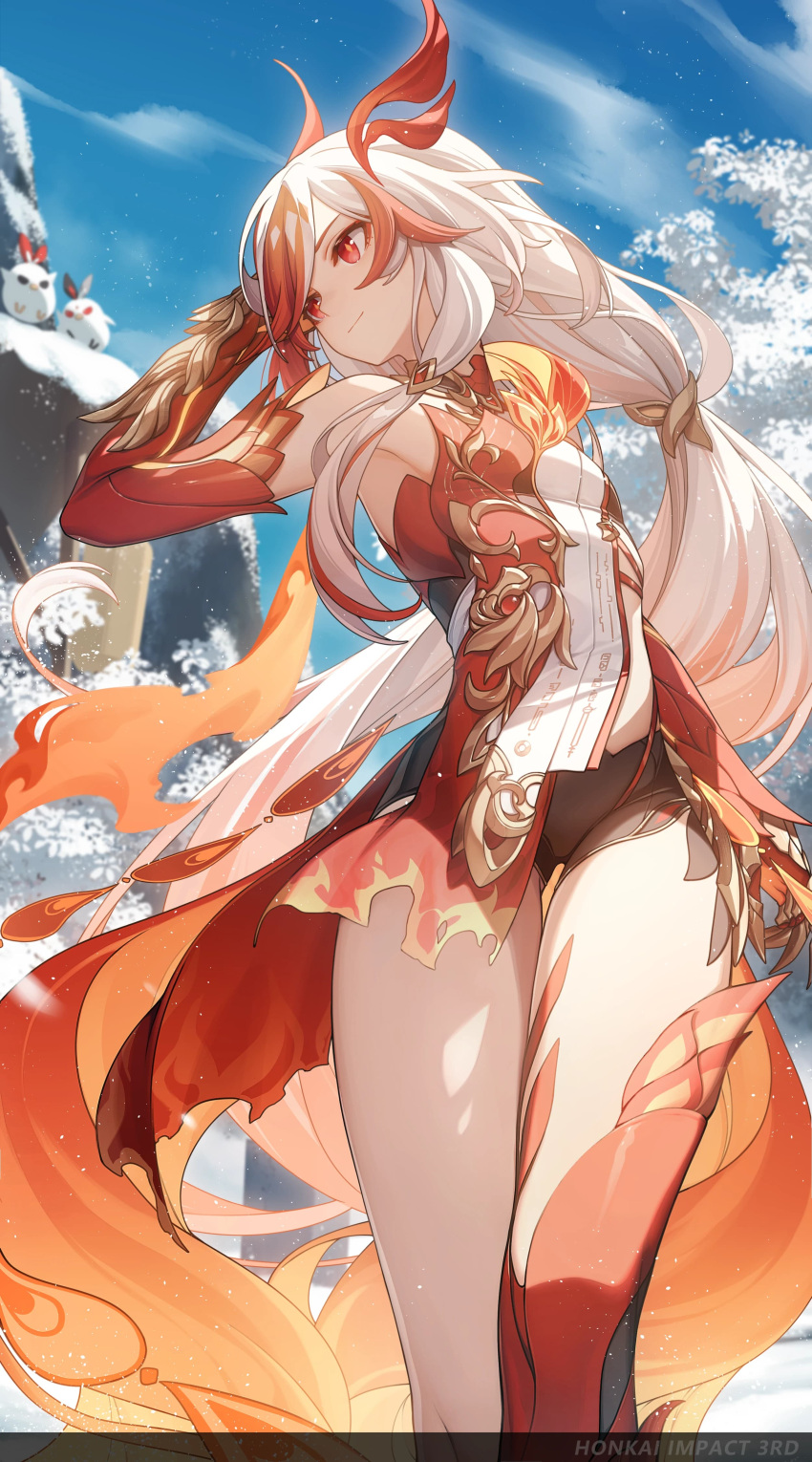 1girl absurdres animal_hands bare_shoulders black_shorts black_sports_bra blue_sky chinese_clothes claws detached_sleeves elbow_gloves eyeliner feathers fu_hua fu_hua_(garuda) gloves hair_between_eyes highres honkai_(series) honkai_impact_3rd jingwei_(bird) long_hair low-tied_long_hair low_twintails makeup multicolored_hair official_art official_wallpaper red_eyeliner red_eyes red_gloves red_rope red_scales redhead rope scales shorts sky solo sports_bra sportswear streaked_hair symbol-shaped_pupils tail tree twintails two-tone_hair very_long_hair white_hair yellow_pupils