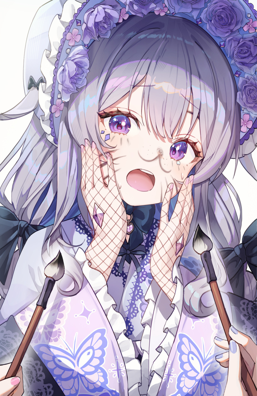 1girl 2others absurdres hands_on_own_cheeks hands_on_own_face hat highres holding holding_calligraphy_brush hololive hololive_english japanese_clothes kimono koseki_bijou koseki_bijou_(new_year) long_hair long_sleeves looking_at_viewer misyune multiple_others official_alternate_costume open_mouth paintbrush purple_hair purple_kimono simple_background standing teeth tongue upper_teeth_only violet_eyes virtual_youtuber white_background