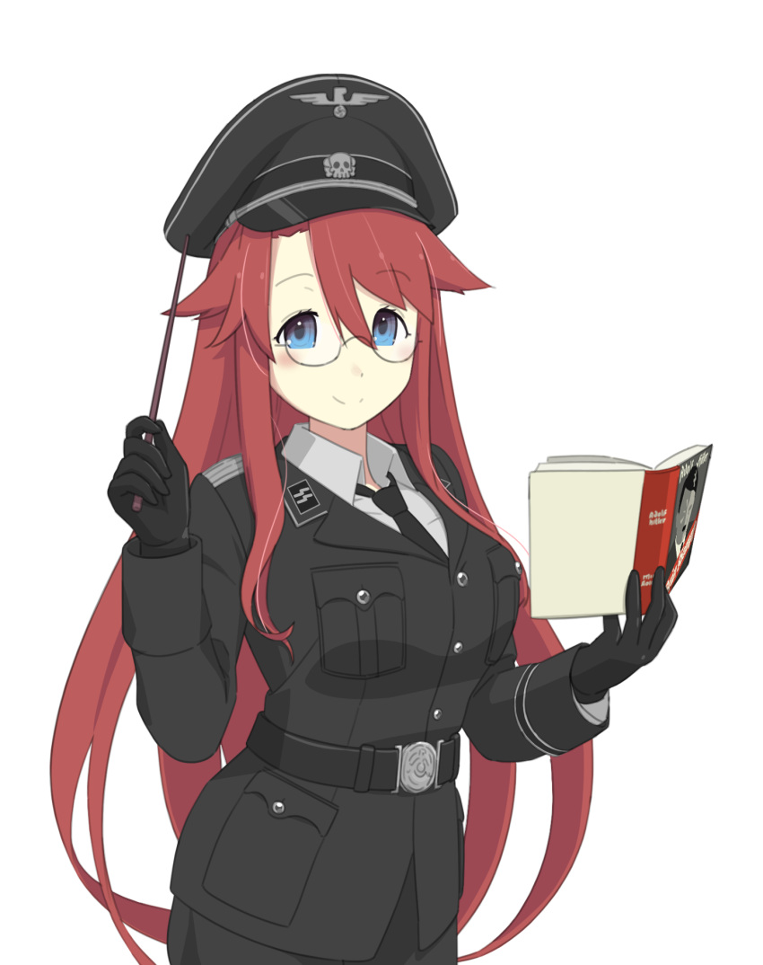 1girl adolf_hitler alternate_costume aty_(summon_night) black_cat03 black_gloves black_headwear black_jacket black_necktie blue_eyes book closed_mouth collared_shirt glasses gloves hat highres holding holding_wand jacket long_hair looking_at_viewer mein_kampf military_uniform nazi necktie open_book peaked_cap redhead shirt simple_background smile solo ss_insignia summon_night totenkopf uniform waffen-ss wand white_background