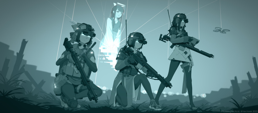3girls absurdres artificial_intelligence assault_rifle controller gun heads-up_display headset highres leggings load_bearing_vest military multiple_girls nusisring_tactical quadcopter red_dot_sight rifle shoes sneakers tactical_clothes vectorek weapon xu_shangwu xu_shangyu yang_simo