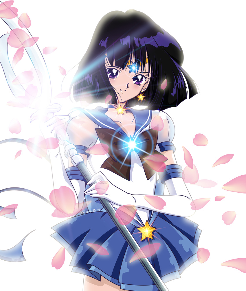 1girl absurdres back_bow bishoujo_senshi_sailor_moon bishoujo_senshi_sailor_moon_crystal black_hair blue_bow blue_choker blue_ribbon blue_sailor_collar blue_skirt bow brooch brown_bow choker circlet closed_mouth cowboy_shot earrings elbow_gloves gloves highres holding holding_polearm holding_weapon jewelry layered_skirt looking_at_viewer petals pleated_skirt polearm puffy_sleeves ribbon riccardo_bacci sailor_collar sailor_saturn sailor_senshi_uniform see-through see-through_sleeves short_hair silence_glaive simple_background skirt smile solo standing star_(symbol) star_brooch star_choker star_earrings super_sailor_saturn_(stars) tomoe_hotaru violet_eyes weapon white_background white_gloves