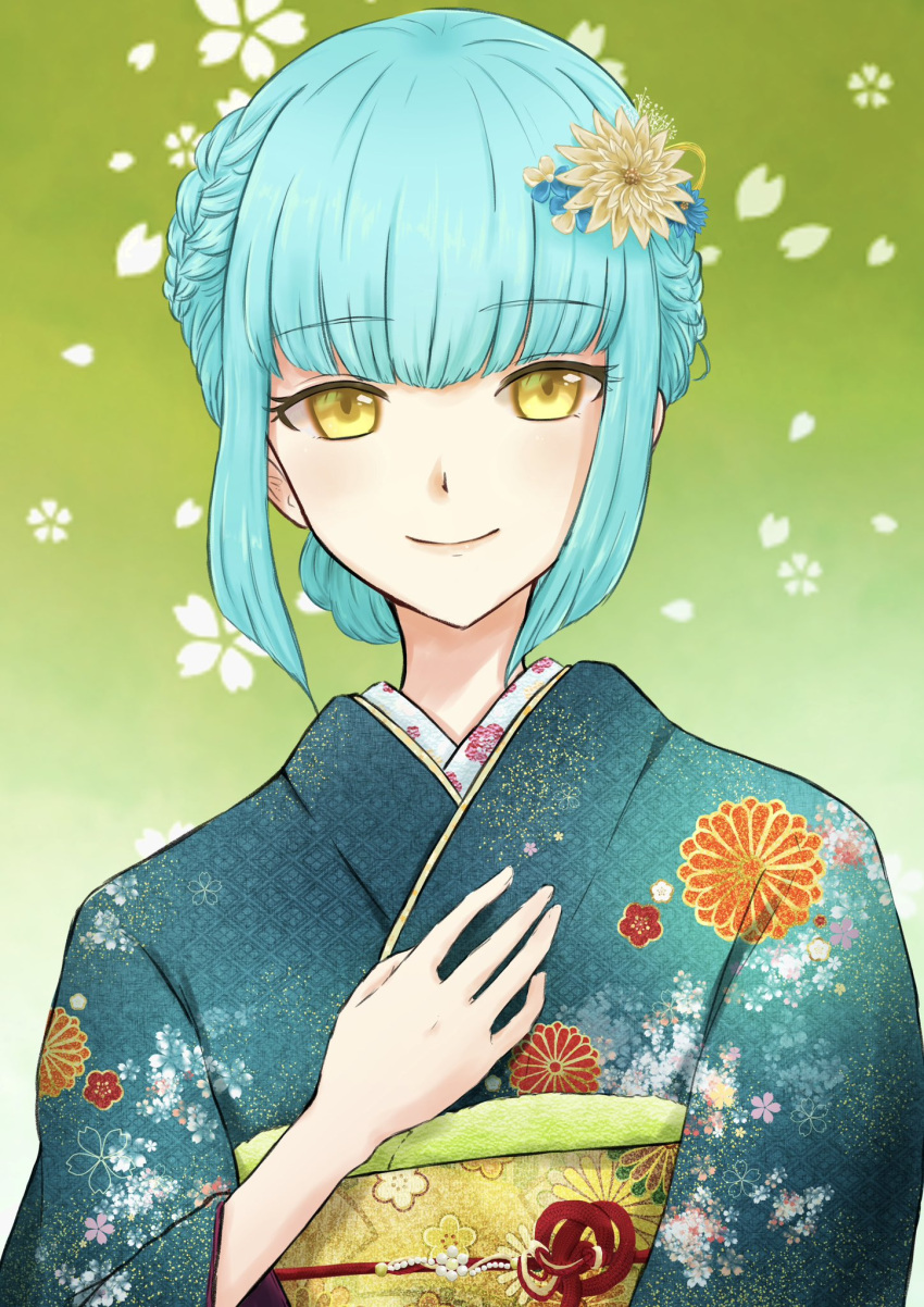 1girl blue_hair braid closed_mouth commentary_request crown_braid eiyuu_densetsu eyelashes falling_petals flower gradient_background green_background green_kimono hair_flower hair_ornament hand_on_own_chest highres japanese_clothes kimono kuro_no_kiseki long_bangs looking_at_viewer petals risette_twinings roshiroshiroppy short_hair simple_background smile solo upper_body yellow_eyes yellow_flower