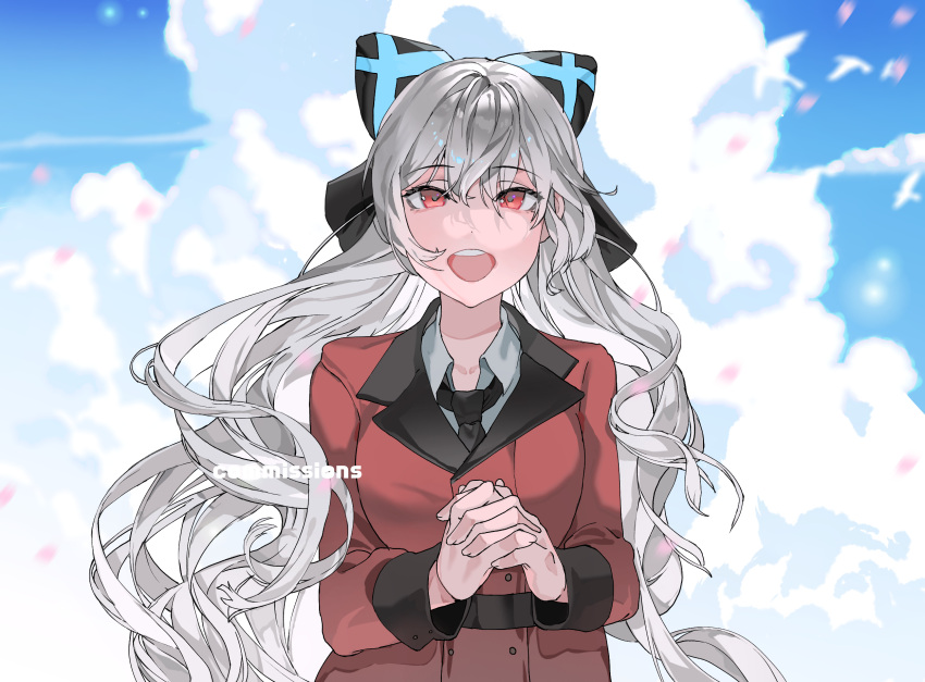 1girl bird black_bow black_necktie blue_bow bow clouds cloudy_sky coat commission girls_frontline grey_hair griffin_&amp;_kryuger_military_uniform hair_bow highres interlocked_fingers long_hair looking_at_viewer necktie open_mouth own_hands_clasped own_hands_together red_coat red_eyes simple_bird sky solo teeth tokarev_(girls'_frontline) two-tone_bow upper_body upper_teeth_only yongsadragon