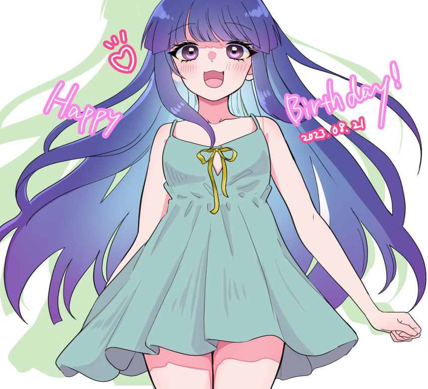 1girl 2023 :3 :d arms_at_sides bare_arms blue_hair blunt_bangs blush clenched_hand commentary_request cowboy_shot day dress drop_shadow floating_hair furude_rika green_dress happy happy_birthday heart highres higurashi_no_naku_koro_ni long_hair looking_at_viewer notice_lines open_mouth ribbon sidelocks sleeveless sleeveless_dress smile solo very_long_hair violet_eyes yellow_ribbon yuno_ff