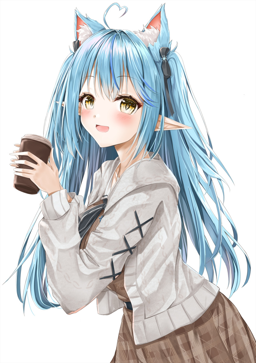 1girl ahoge black_ribbon blue_hair blush brown_dress cable_knit cardigan colored_tips cowboy_shot cross-laced_clothes cross-laced_sleeves cup disposable_cup double-parted_bangs dress grey_cardigan hair_ribbon heart heart_ahoge highres holding holding_cup hololive long_hair looking_at_viewer multicolored_hair official_alternate_costume official_alternate_hairstyle open_mouth plaid plaid_dress pleated_dress pointy_ears ribbon shibakarezduc3372 simple_background smile solo two_side_up virtual_youtuber white_background yellow_eyes yukihana_lamy yukihana_lamy_(casual)