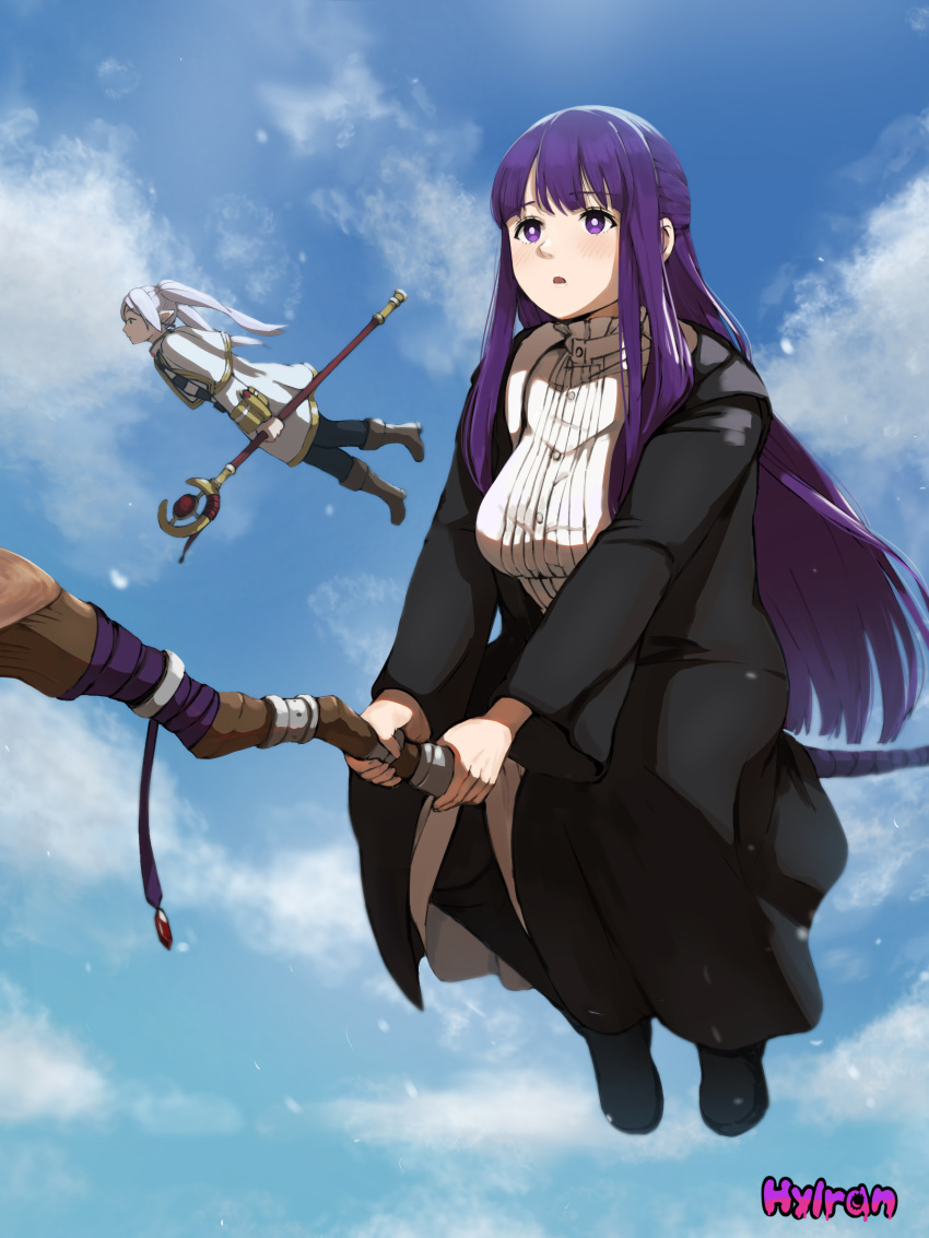 2girls absurdres breasts bright_pupils commentary elf fern_(sousou_no_frieren) flying frieren highres hylran0427 large_breasts long_hair multiple_girls pointy_ears purple_hair sousou_no_frieren staff_riding twintails violet_eyes white_pupils