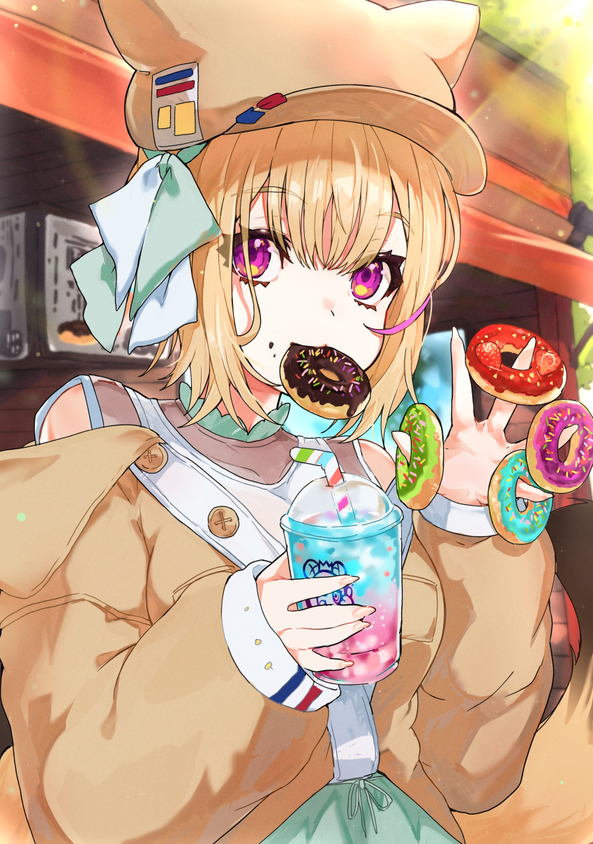 1girl absurdres animal_ear_fluff animal_ears blonde_hair blouse brown_headwear brown_jacket commentary_request cup day disposable_cup doughnut drink drinking_straw ear_ribbon food food_in_mouth fox_ears fox_girl fox_hat hair_between_eyes hands_up hat highres holding holding_drink holding_food hololive jacket long_sleeves looking_at_viewer minus_zero69 mouth_hold multicolored_hair official_alternate_costume official_alternate_hair_length official_alternate_hairstyle omaru_polka omaru_polka_(3rd_costume) outdoors pink_hair shirt short_hair sleeves_past_wrists solo streaked_hair upper_body violet_eyes virtual_youtuber white_shirt