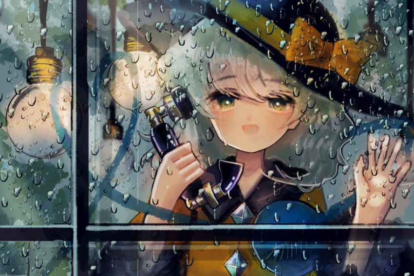 1girl black_headwear blush bow collared_shirt commentary_request crying crying_with_eyes_open from_outside green_eyes green_hair hand_on_window hat hat_bow heart heart_of_string hell0120 highres holding holding_phone komeiji_koishi light_bulb looking_at_viewer looking_outside looking_through_window medium_hair open_mouth phone shirt smile straight-on tears third_eye touhou upper_body water_drop yellow_bow yellow_shirt