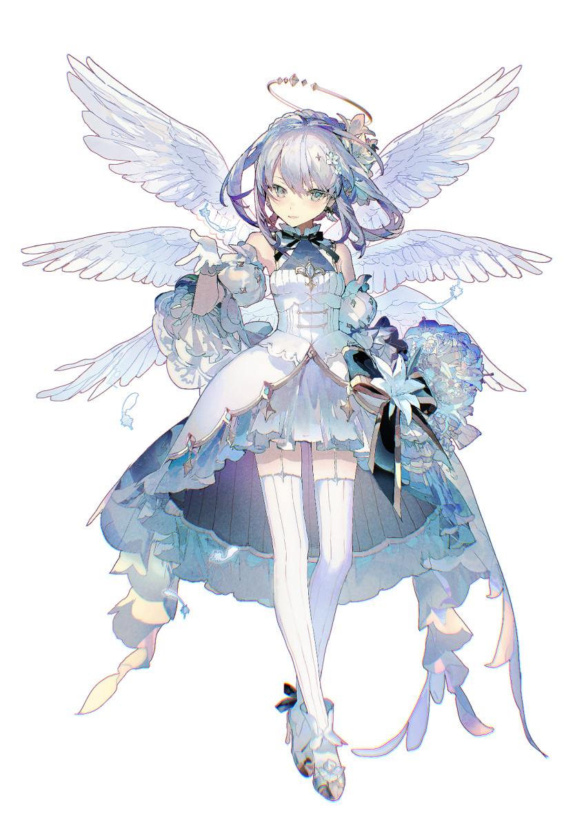 1girl angel_wings commentary detached_sleeves dress english_commentary feathered_wings full_body garter_straps gloves green_eyes grey_hair halo highres layered_dress lobelia_(saclia) looking_at_viewer maimai_(game) multiple_wings short_hair simple_background solo thigh-highs white_background white_dress white_footwear white_gloves white_sleeves white_thighhighs white_wings wings