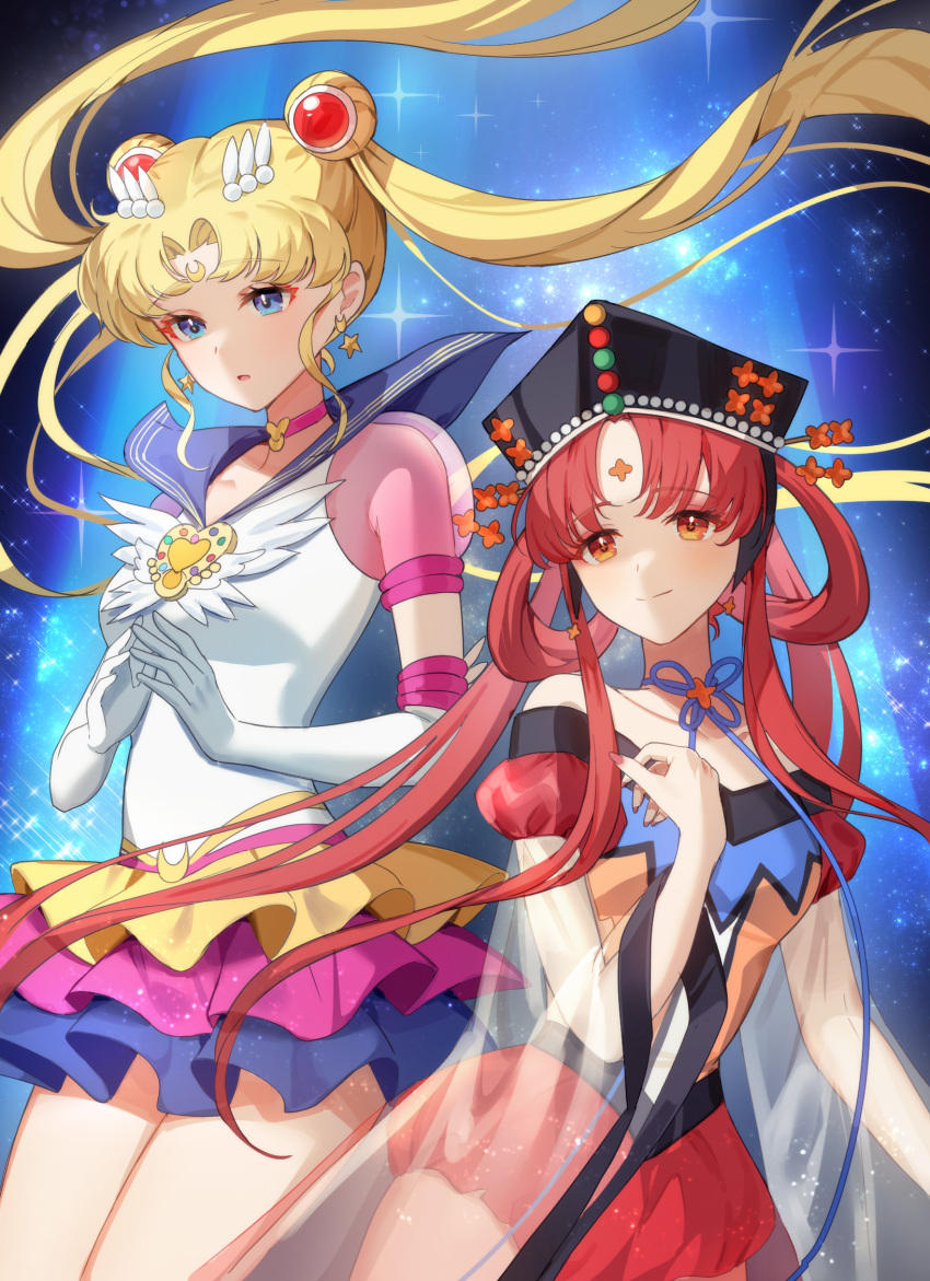 2girls bare_shoulders bishoujo_senshi_sailor_moon black_headwear blonde_hair blue_background blue_ribbon blue_sailor_collar blue_skirt brooch chibi_vanille choker closed_mouth collarbone cowboy_shot crescent crescent_facial_mark dot_nose double_bun earrings elbow_gloves eternal_sailor_moon facial_mark forehead_mark gloves hair_bun hair_ornament hair_rings hat heart heart_brooch heart_choker highres jewelry layered_skirt long_hair looking_to_the_side magical_girl multiple_girls neck_ribbon own_hands_together parted_lips pink_choker pink_skirt pleated_skirt princess_kakyuu puffy_sleeves red_eyes red_shorts redhead ribbon sailor_collar sailor_moon sailor_senshi_uniform see-through see-through_sleeves short_shorts shorts skirt smile sparkle_background tsukino_usagi twintails white_gloves yellow_skirt