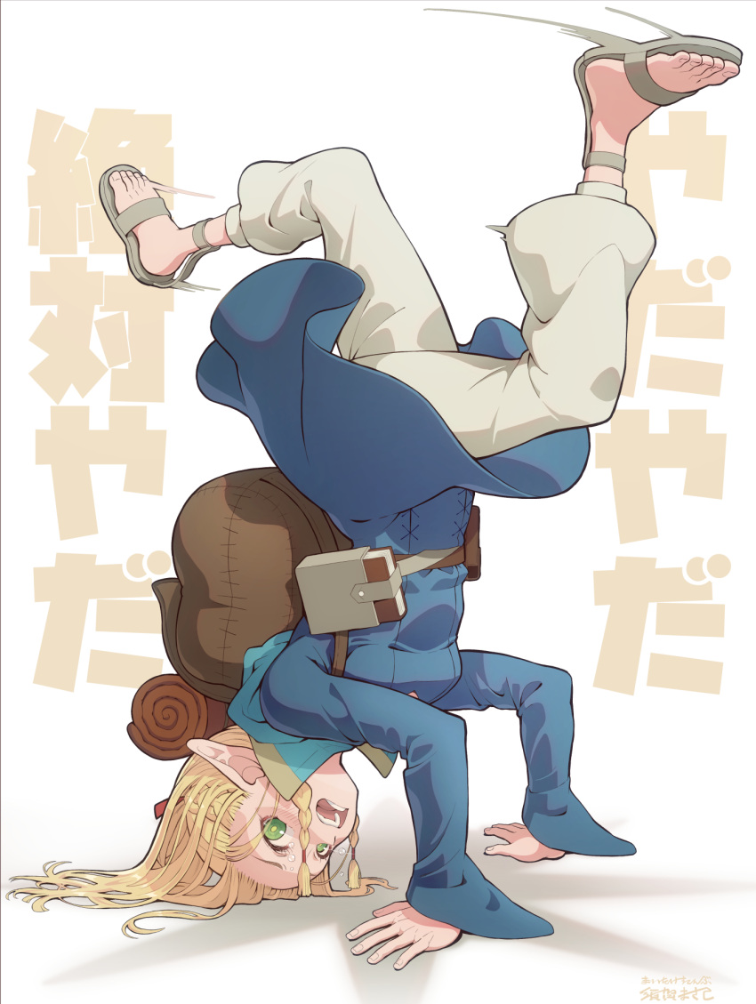 1girl bag blonde_hair blush braid breakdance brown_bag crying dungeon_meshi elf feet green_eyes handstand head_spin highres long_hair long_sleeves looking_at_viewer marcille_donato pants pointy_ears sandals shadow simple_background suga_masashi toenails toes upside-down