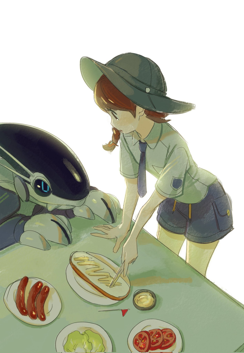 1girl black_headwear blue_eyes blue_necktie blue_shorts bread brown_hair butter_knife claws closed_mouth collared_shirt commentary_request food hat highres holding_utensil juliana_(pokemon) korean_commentary lettuce mayonnaise medium_hair miraidon necktie plate pokemon pokemon_(creature) pokemon_sv sausage school_uniform shirt shorts simple_background table tomato tongue tongue_out tut_nin uva_academy_school_uniform white_background white_shirt