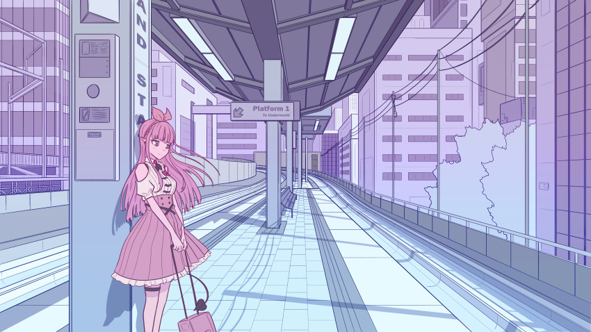 1girl absurdres allegedly_tom bow building city cityscape clothing_cutout commentary demon_girl demon_tail dress english_commentary english_text frilled_dress frills hair_bow highres limited_palette long_hair outdoors pink_dress pink_hair pointy_ears production_kawaii puffy_short_sleeves puffy_sleeves reina_sun_(vtuber) scenery short_sleeves shoulder_cutout solo standing suitcase tail thigh_strap train_station train_station_platform v_arms virtual_youtuber wide_shot