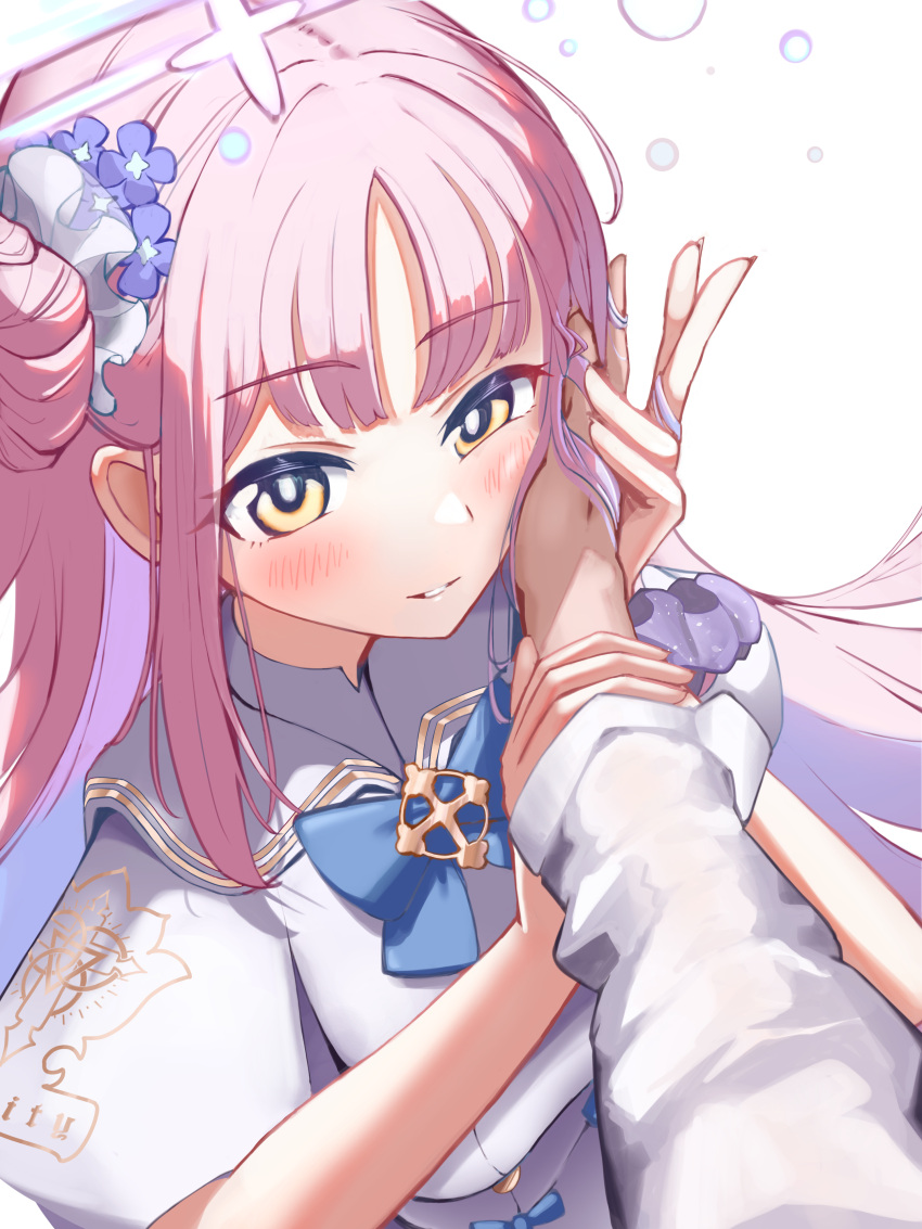 1boy 1girl absurdres blue_archive blue_bow bow capelet flower frilled_ribbon frills gogogoiru hair_bun hair_flower hair_ornament hair_ribbon hand_on_another's_cheek hand_on_another's_face highres long_hair looking_at_another mika_(blue_archive) pink_hair purple_flower ribbon shirt simple_background single_side_bun smile solo_focus white_background white_capelet white_ribbon white_shirt yellow_eyes