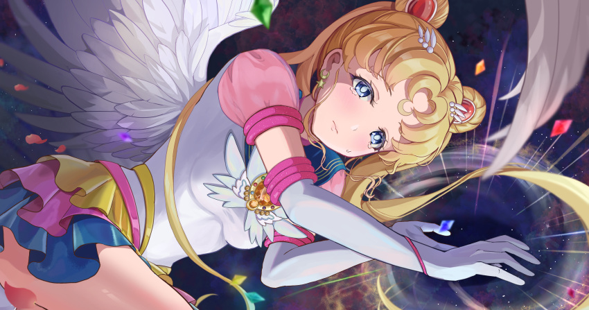 1girl absurdres angel_wings bishoujo_senshi_sailor_moon blonde_hair blue_eyes blue_sailor_collar blue_skirt blush brooch closed_mouth crescent crescent_facial_mark crying crying_with_eyes_open double_bun eternal_sailor_moon facial_mark feathered_wings forehead_mark hair_bun hair_ornament highres jewelry layered_skirt long_hair looking_at_viewer lying magical_girl manta_shinkai on_side pleated_skirt puffy_sleeves red_skirt sailor_collar sailor_moon sailor_senshi_uniform skirt solo star_seed_(sailor_moon) tears tsukino_usagi twintails white_wings wings yellow_skirt