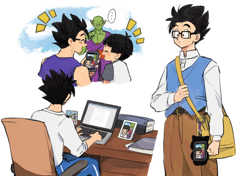 ... 1girl 2boys :d ^_^ antennae bag black-framed_eyewear black_hair blue_pants blue_sky blue_vest blunt_bangs blush book brown_pants cellphone cellphone_photo chair charm_(object) closed_eyes clouds collared_shirt colored_skin commentary_request computer cowboy_shot desk dougi dragon_ball dragon_ball_super dragon_ball_super_super_hero dress_shirt facing_away father_and_daughter from_behind glasses green_skin highres holding holding_phone j_ooey laptop long_sleeves multiple_boys multiple_views notice_lines on_chair open_mouth pan_(dragon_ball) pants phone piccolo picture_frame pointy_ears profile rectangular_eyewear red_sash sash shirt shirt_tucked_in short_hair short_sleeves shoulder_bag simple_background sitting sky sleeves_rolled_up smartphone smile son_gohan speech_bubble spiky_hair spoken_ellipsis t-shirt vest white_background white_shirt yellow_bag